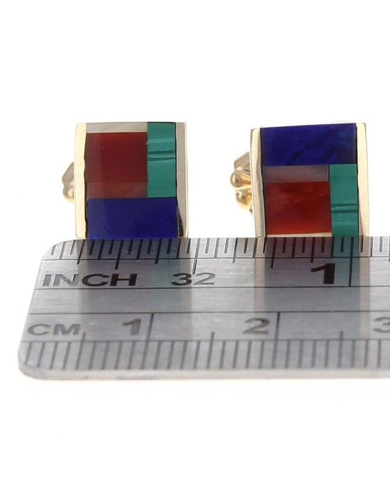 Lapis, Malachite and Red Coral Square Earrings